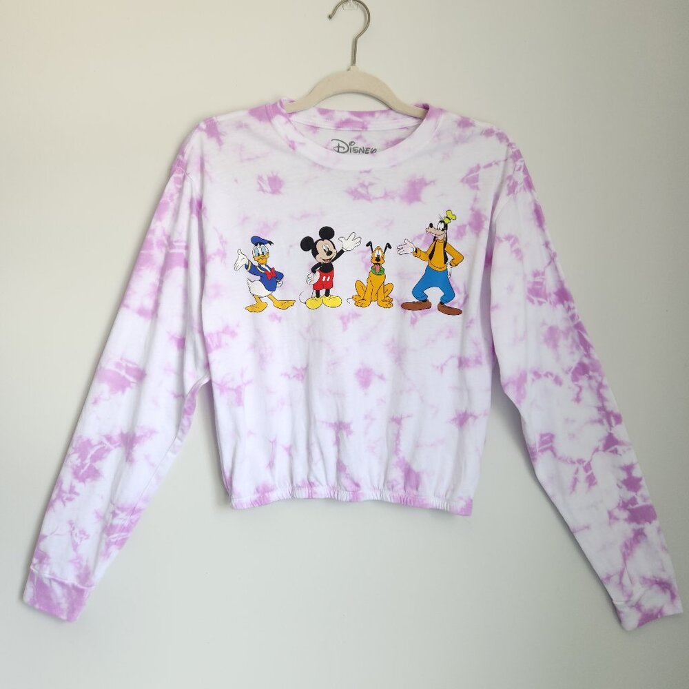 Disney Size M Purple Tie Dye Long Sleeve Crop Top Elastic Waist Cotton Blend